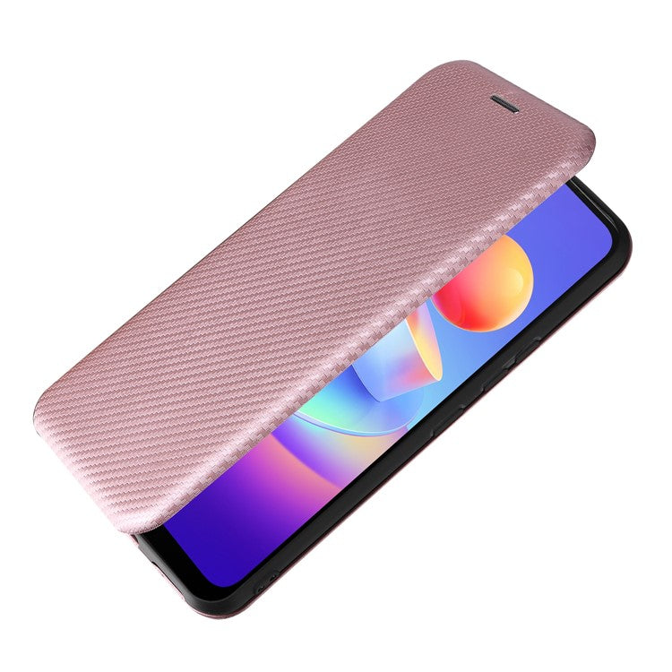 Carbon Fiber Texture Magnetic Auto Closing PU Leather Phone Case Cover with Stand and Card Slot for vivo Y3s (2021) - Rose Gold