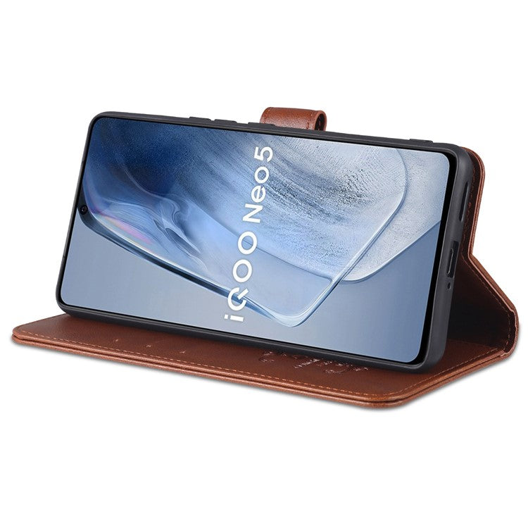 AZNS Textured Leather Case Stand Wallet All-round Protection Phone Cover for vivo iQOO Neo5 - Brown