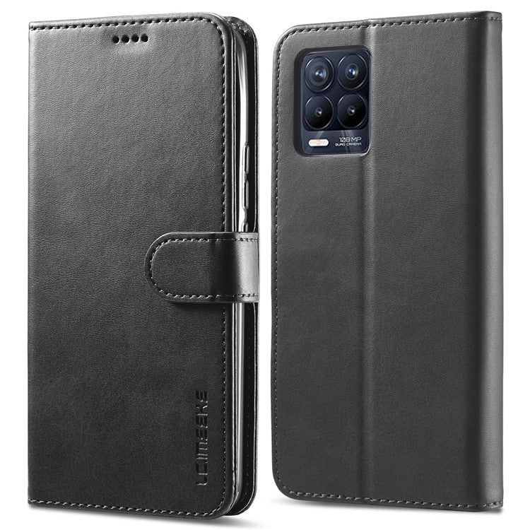 LC.IMEEKE PU Leather Flip Folio Stand Case Shockproof Wallet Phone Case Cover for Realme 8i/Narzo 50 4G - Black