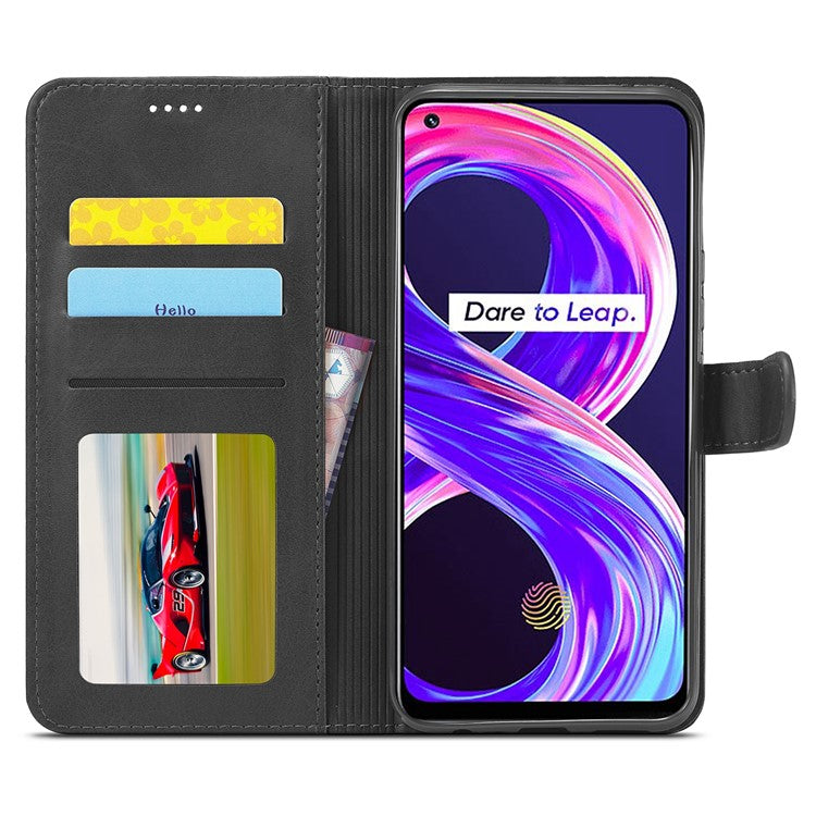LC.IMEEKE PU Leather Flip Folio Stand Case Shockproof Wallet Phone Case Cover for Realme 8i/Narzo 50 4G - Black