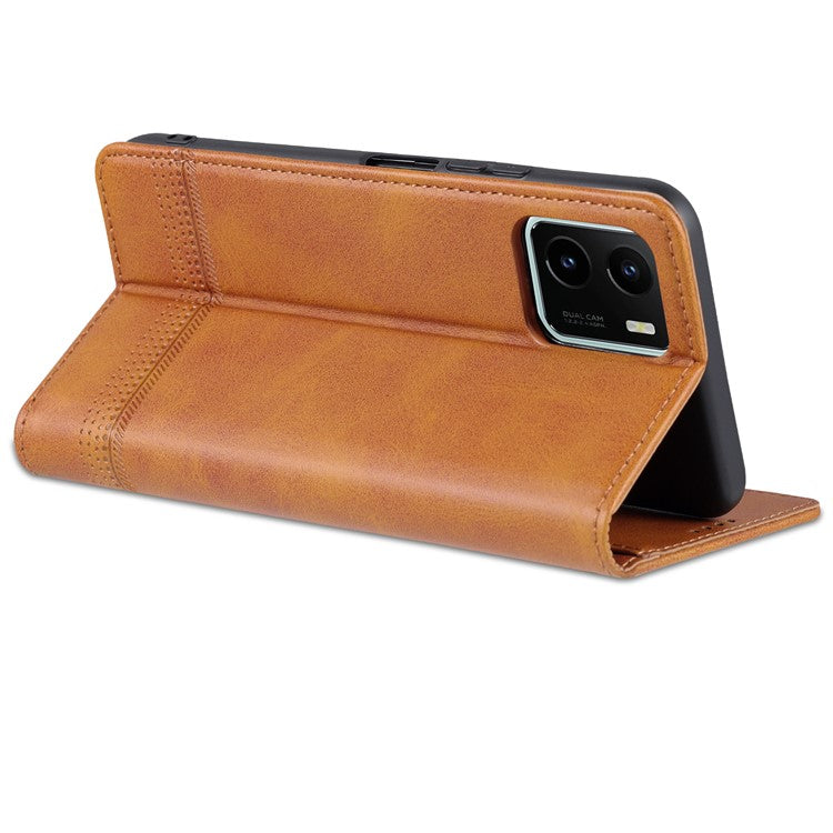 AZNS Magnetic Absorption PU Leather Flip Cover Stand Protective Wallet Phone Case for vivo Y15s / Y15a - Brown