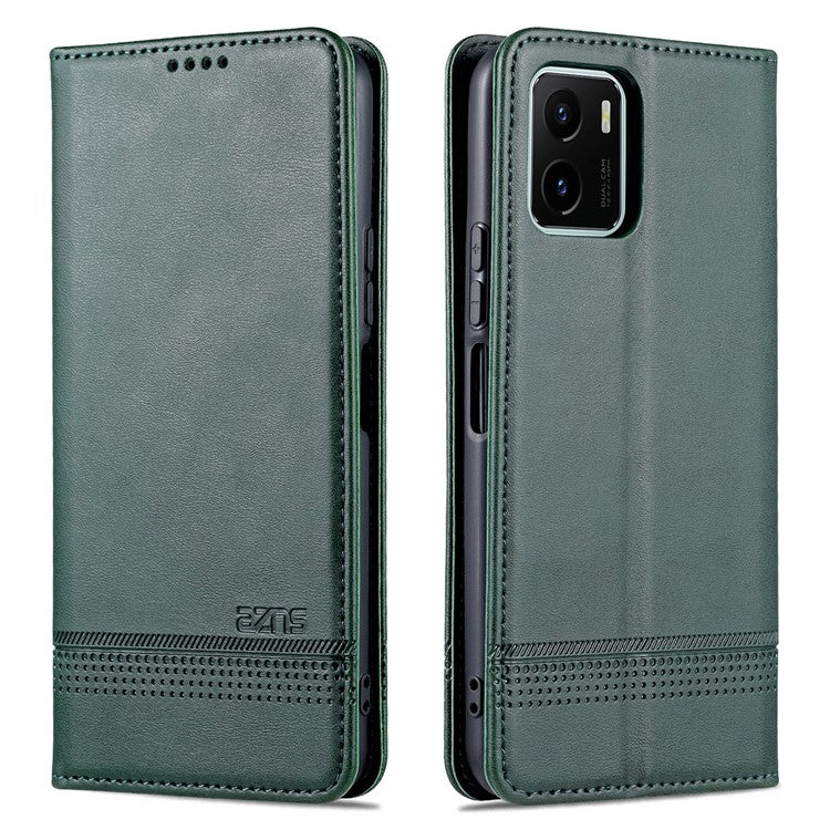 AZNS Magnetic Absorption PU Leather Flip Cover Stand Protective Wallet Phone Case for vivo Y15s / Y15a - Blackish Green