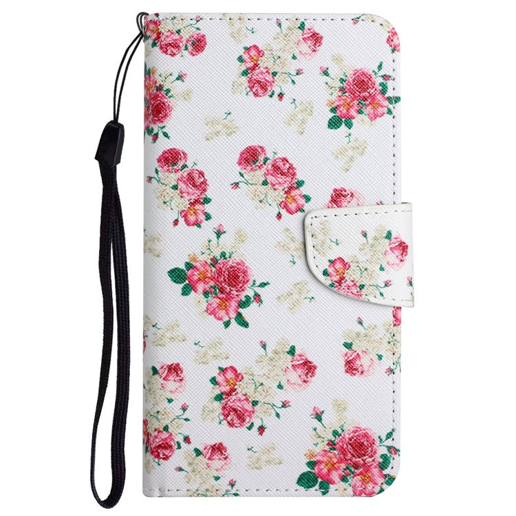 Cross Texture Pattern Printing Phone Case Stand Wallet Shockproof Leather Cover with Wrist Strap for Realme C21 - Red Peony