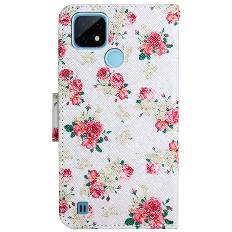 Cross Texture Pattern Printing Phone Case Stand Wallet Shockproof Leather Cover with Wrist Strap for Realme C21 - Red Peony