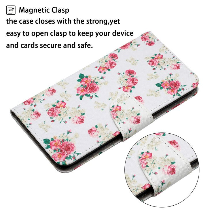 Cross Texture Pattern Printing Phone Case Stand Wallet Shockproof Leather Cover with Wrist Strap for Realme C21 - Red Peony