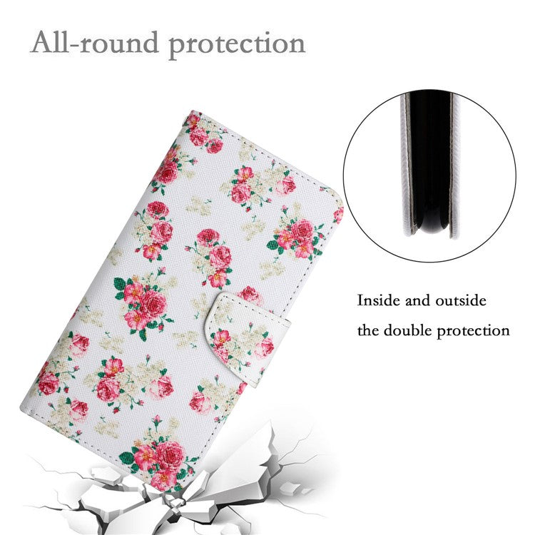 Cross Texture Pattern Printing Phone Case Stand Wallet Shockproof Leather Cover with Wrist Strap for Realme C21 - Red Peony