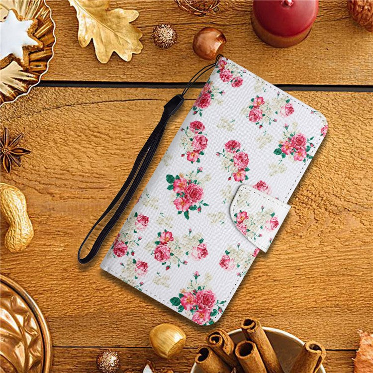 Cross Texture Pattern Printing Phone Case Stand Wallet Shockproof Leather Cover with Wrist Strap for Realme C21 - Red Peony
