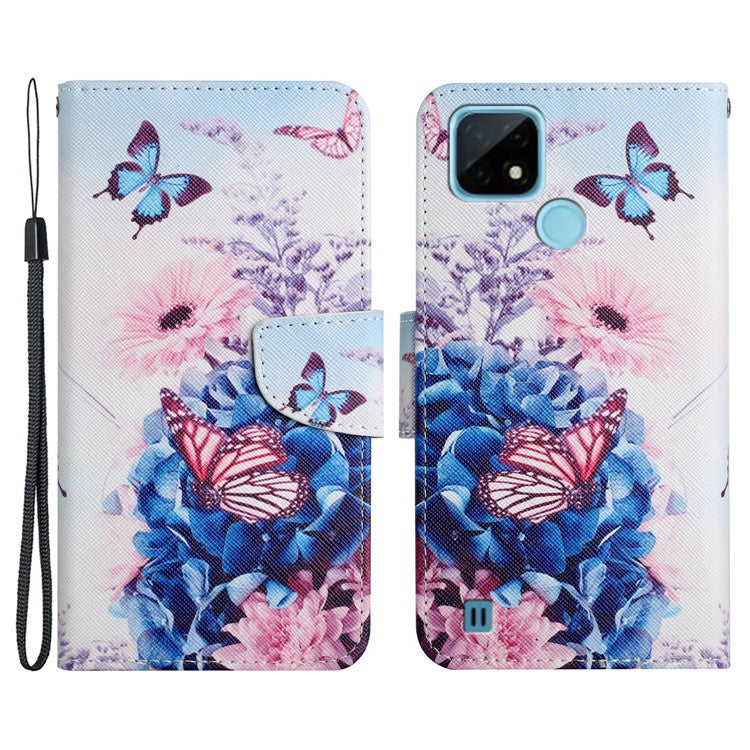 Cross Texture Pattern Printing Phone Case Stand Wallet Shockproof Leather Cover with Wrist Strap for Realme C21 - Purple Butterfly