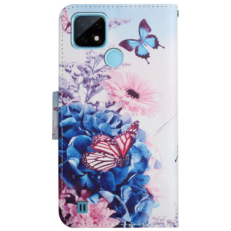Cross Texture Pattern Printing Phone Case Stand Wallet Shockproof Leather Cover with Wrist Strap for Realme C21 - Purple Butterfly