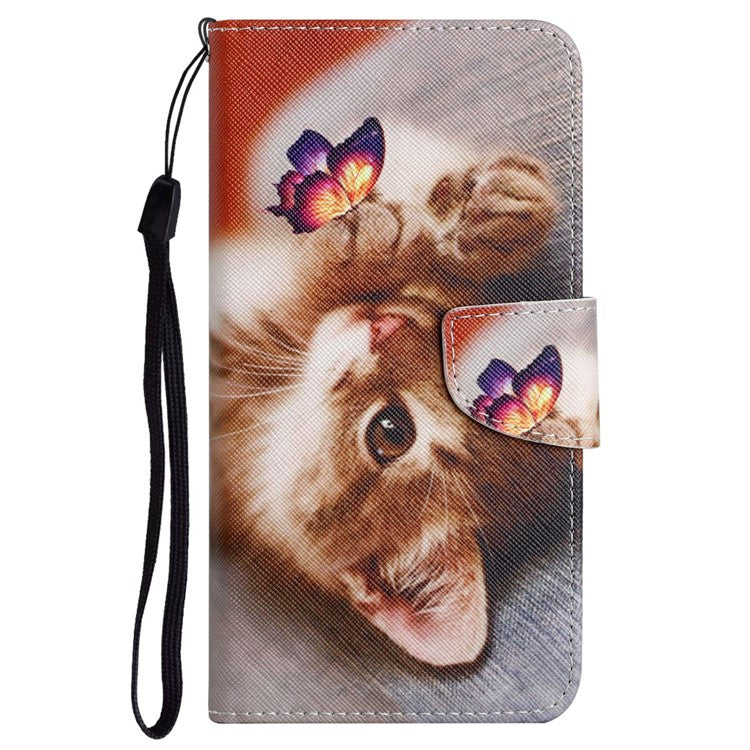 Cross Texture Pattern Printing Phone Case Stand Wallet Shockproof Leather Cover with Wrist Strap for Realme C21 - Butterfly and Kitten
