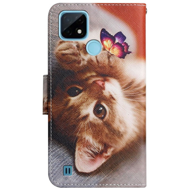 Cross Texture Pattern Printing Phone Case Stand Wallet Shockproof Leather Cover with Wrist Strap for Realme C21 - Butterfly and Kitten