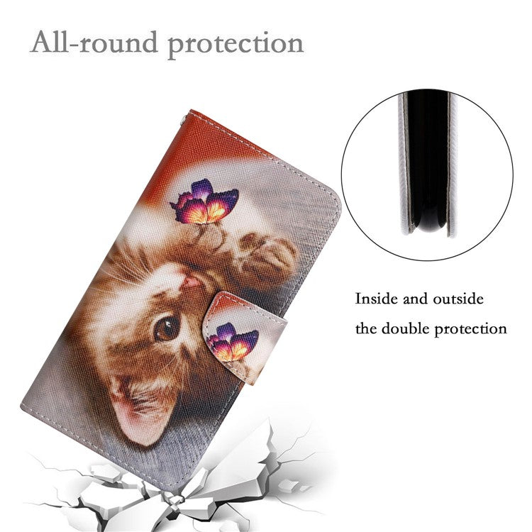 Cross Texture Pattern Printing Phone Case Stand Wallet Shockproof Leather Cover with Wrist Strap for Realme C21 - Butterfly and Kitten
