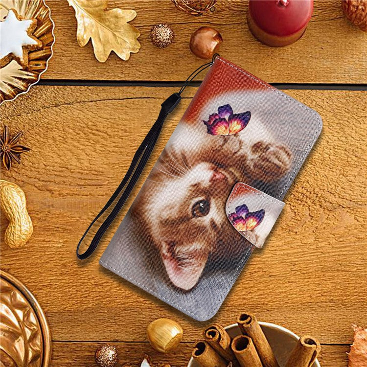 Cross Texture Pattern Printing Phone Case Stand Wallet Shockproof Leather Cover with Wrist Strap for Realme C21 - Butterfly and Kitten
