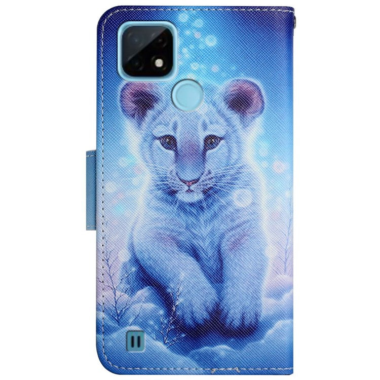 Cross Texture Pattern Printing Phone Case Stand Wallet Shockproof Leather Cover with Wrist Strap for Realme C21 - Leopard