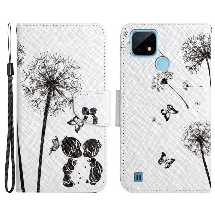 Cross Texture Pattern Printing Phone Case Stand Wallet Shockproof Leather Cover with Wrist Strap for Realme C21 - Dandelion