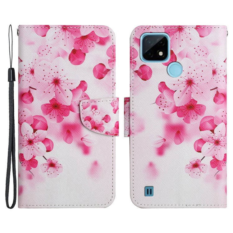 Cross Texture Pattern Printing Phone Case Stand Wallet Shockproof Leather Cover with Wrist Strap for Realme C21 - Red Flower