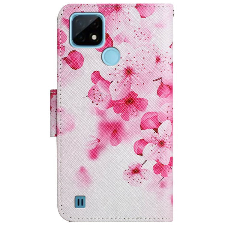 Cross Texture Pattern Printing Phone Case Stand Wallet Shockproof Leather Cover with Wrist Strap for Realme C21 - Red Flower
