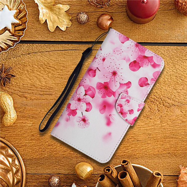 Cross Texture Pattern Printing Phone Case Stand Wallet Shockproof Leather Cover with Wrist Strap for Realme C21 - Red Flower