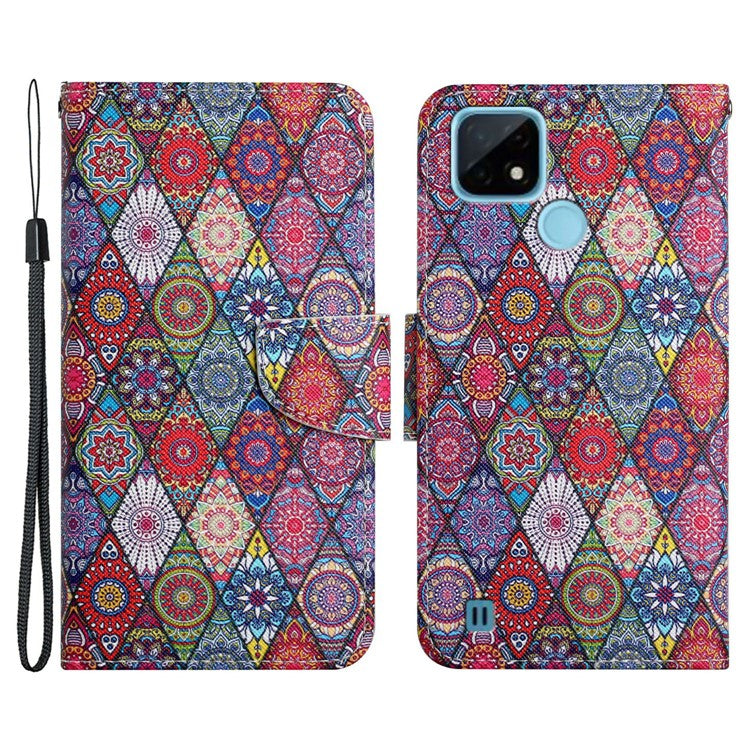 Cross Texture Pattern Printing Phone Case Stand Wallet Shockproof Leather Cover with Wrist Strap for Realme C21 - Kaleidoscope