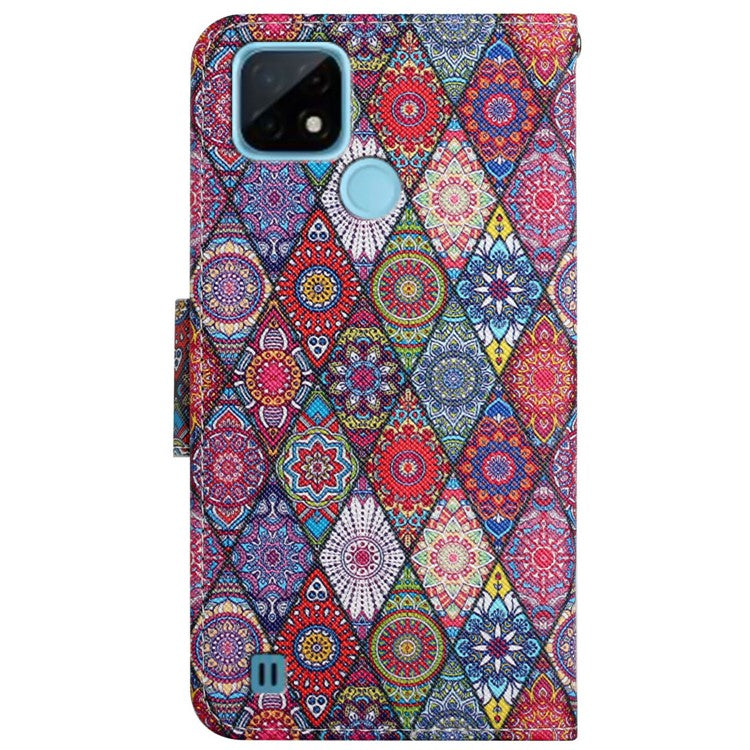 Cross Texture Pattern Printing Phone Case Stand Wallet Shockproof Leather Cover with Wrist Strap for Realme C21 - Kaleidoscope