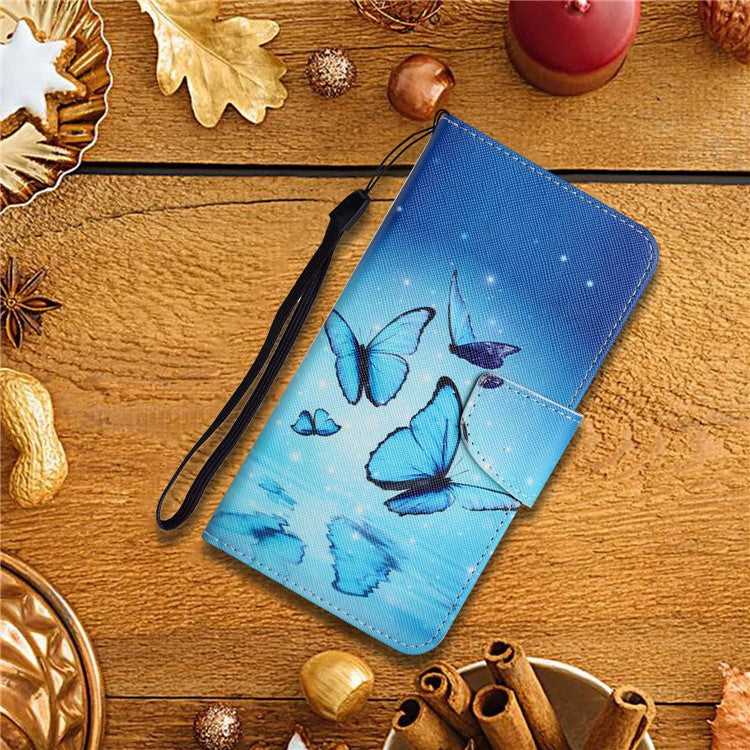 Cross Texture Pattern Printing Phone Case Stand Wallet Shockproof Leather Cover with Wrist Strap for Realme C21 - Flying Butterfly