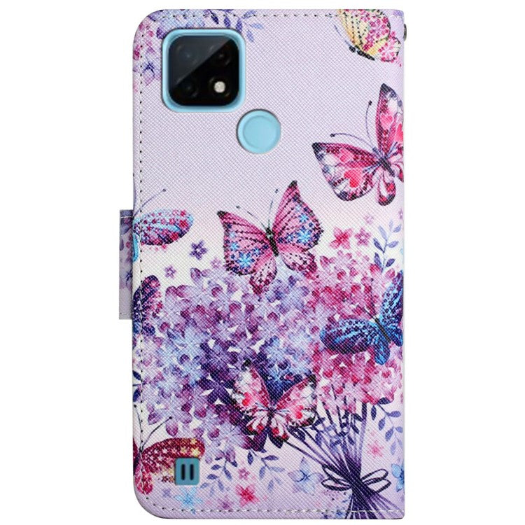 Cross Texture Pattern Printing Phone Case Stand Wallet Shockproof Leather Cover with Wrist Strap for Realme C21 - Beautiful Butterfly