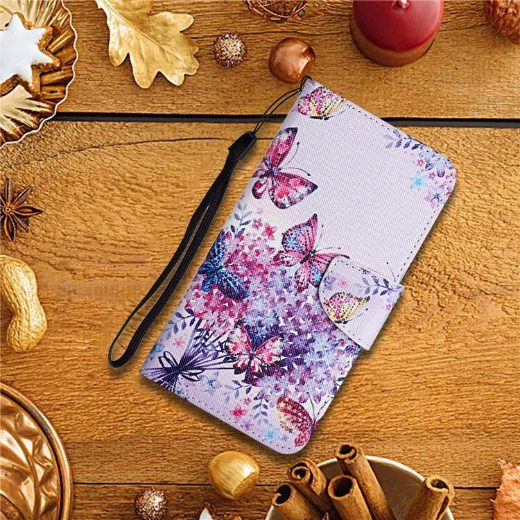 Cross Texture Pattern Printing Phone Case Stand Wallet Shockproof Leather Cover with Wrist Strap for Realme C21 - Beautiful Butterfly