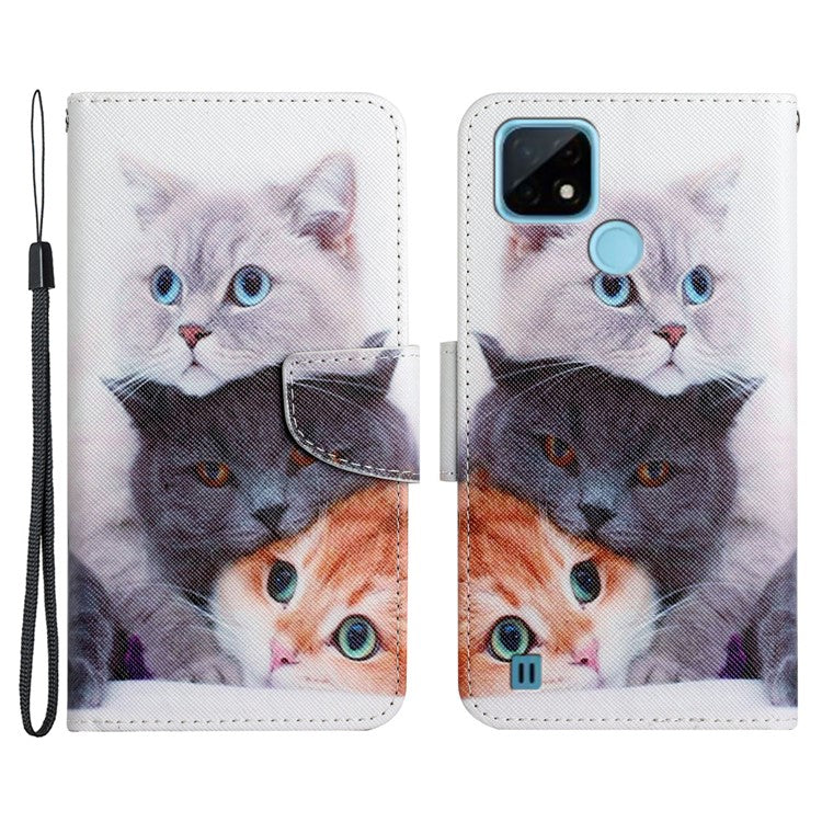 Cross Texture Pattern Printing Phone Case Stand Wallet Shockproof Leather Cover with Wrist Strap for Realme C21 - Three Cats