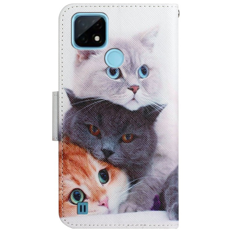 Cross Texture Pattern Printing Phone Case Stand Wallet Shockproof Leather Cover with Wrist Strap for Realme C21 - Three Cats