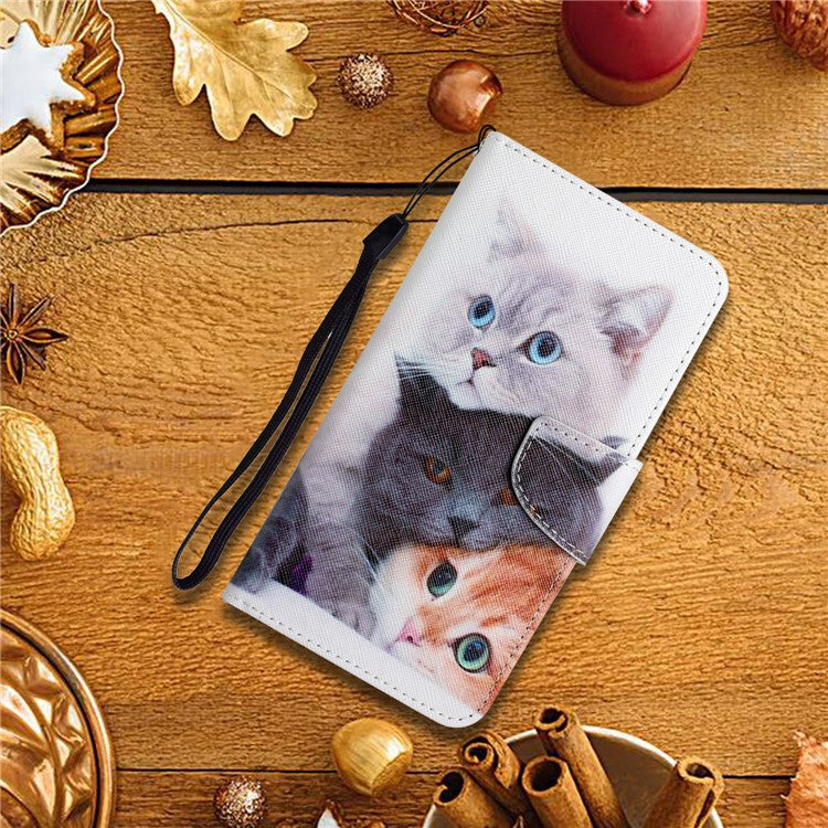 Cross Texture Pattern Printing Phone Case Stand Wallet Shockproof Leather Cover with Wrist Strap for Realme C21 - Three Cats
