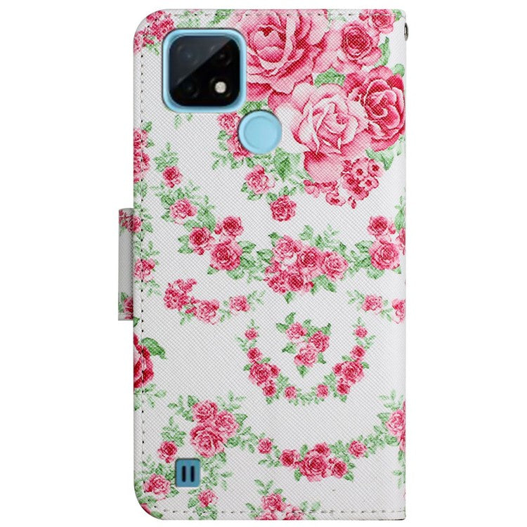 Cross Texture Pattern Printing Phone Case Stand Wallet Shockproof Leather Cover with Wrist Strap for Realme C21 - Rose