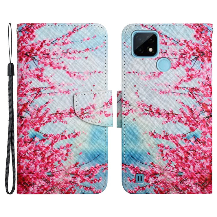 Cross Texture Pattern Printing Phone Case Stand Wallet Shockproof Leather Cover with Wrist Strap for Realme C21 - Red Sakura