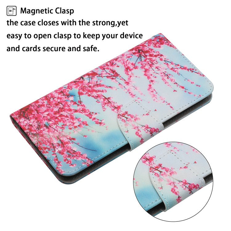 Cross Texture Pattern Printing Phone Case Stand Wallet Shockproof Leather Cover with Wrist Strap for Realme C21 - Red Sakura
