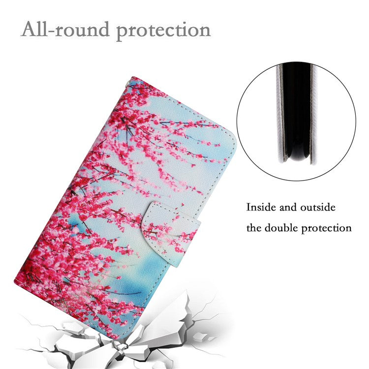 Cross Texture Pattern Printing Phone Case Stand Wallet Shockproof Leather Cover with Wrist Strap for Realme C21 - Red Sakura