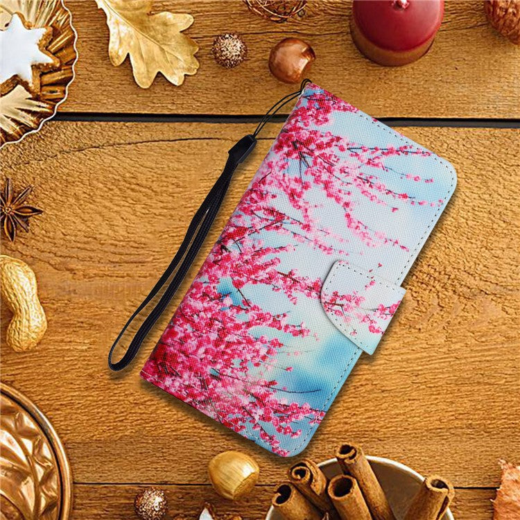 Cross Texture Pattern Printing Phone Case Stand Wallet Shockproof Leather Cover with Wrist Strap for Realme C21 - Red Sakura