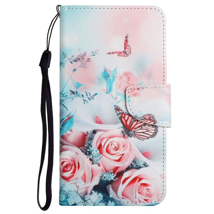 Cross Texture Pattern Printing Phone Case Stand Wallet Shockproof Leather Cover with Wrist Strap for Realme C21 - Peony and Butterfly