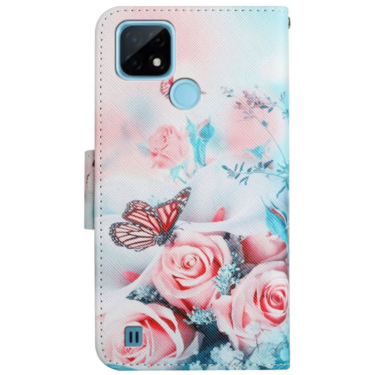 Cross Texture Pattern Printing Phone Case Stand Wallet Shockproof Leather Cover with Wrist Strap for Realme C21 - Peony and Butterfly