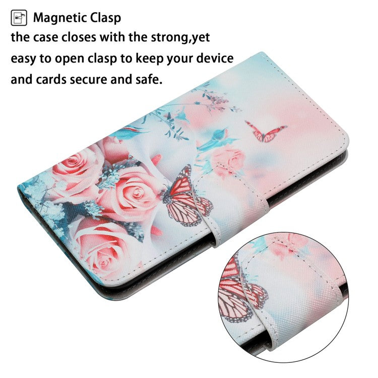 Cross Texture Pattern Printing Phone Case Stand Wallet Shockproof Leather Cover with Wrist Strap for Realme C21 - Peony and Butterfly