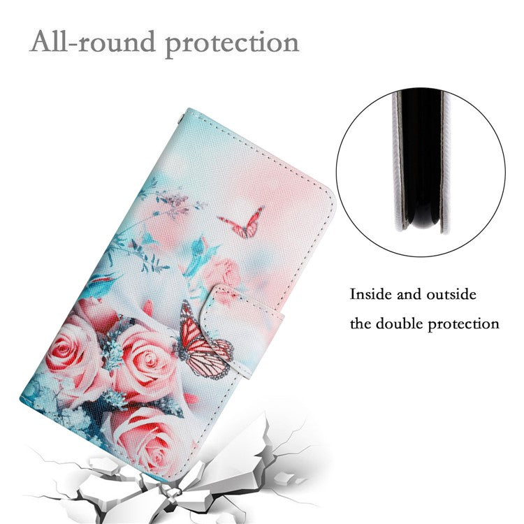 Cross Texture Pattern Printing Phone Case Stand Wallet Shockproof Leather Cover with Wrist Strap for Realme C21 - Peony and Butterfly