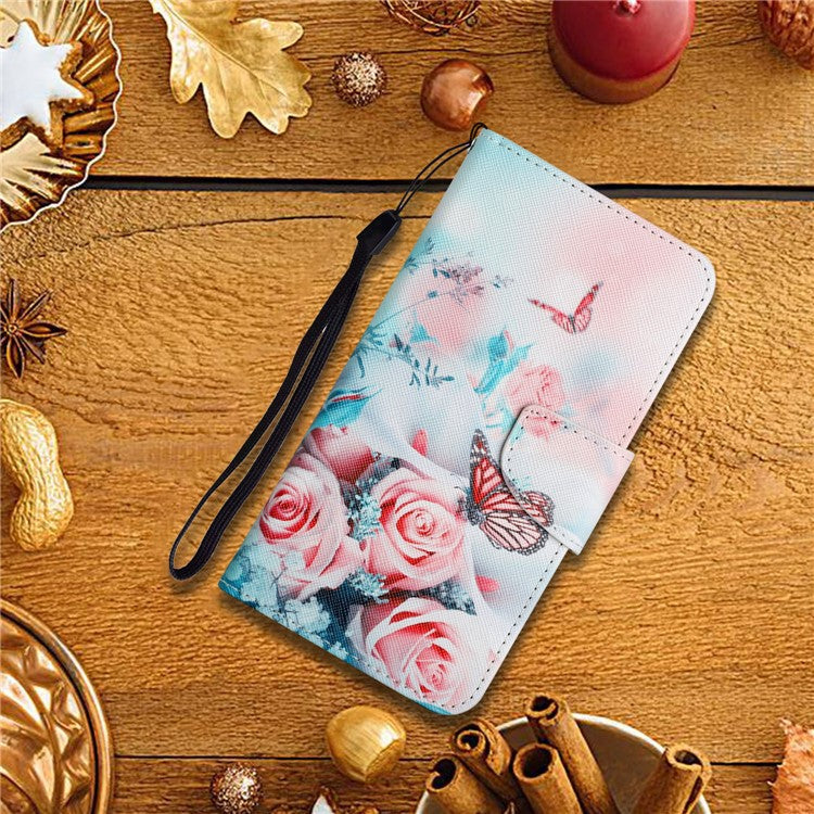 Cross Texture Pattern Printing Phone Case Stand Wallet Shockproof Leather Cover with Wrist Strap for Realme C21 - Peony and Butterfly