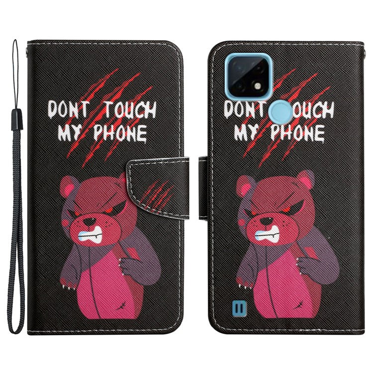 Cross Texture Pattern Printing Phone Case Stand Wallet Shockproof Leather Cover with Wrist Strap for Realme C21 - Red Bear