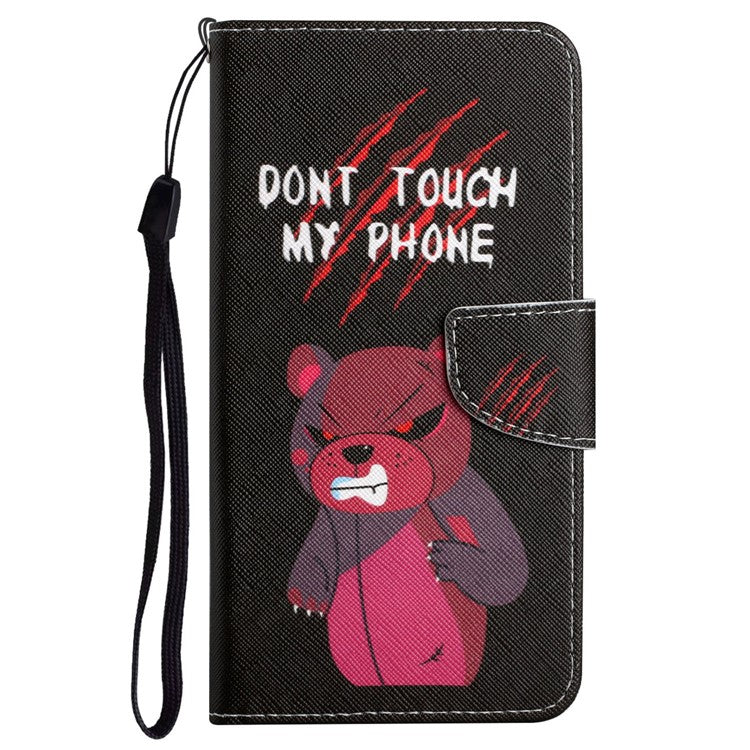 Cross Texture Pattern Printing Phone Case Stand Wallet Shockproof Leather Cover with Wrist Strap for Realme C21 - Red Bear