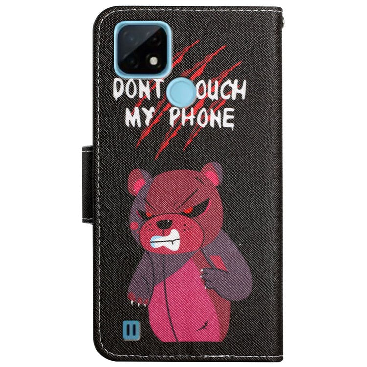 Cross Texture Pattern Printing Phone Case Stand Wallet Shockproof Leather Cover with Wrist Strap for Realme C21 - Red Bear