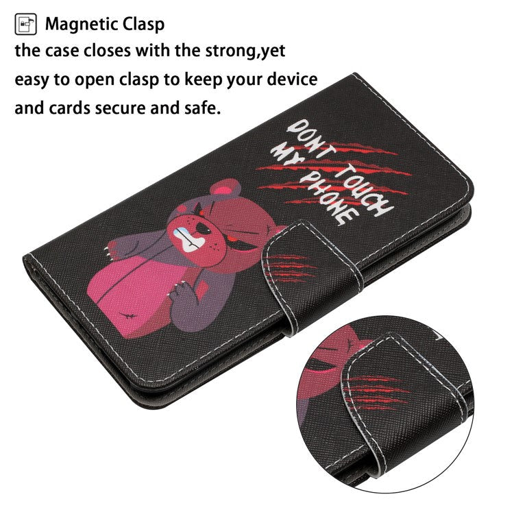 Cross Texture Pattern Printing Phone Case Stand Wallet Shockproof Leather Cover with Wrist Strap for Realme C21 - Red Bear
