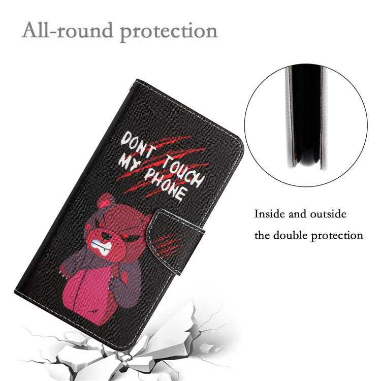 Cross Texture Pattern Printing Phone Case Stand Wallet Shockproof Leather Cover with Wrist Strap for Realme C21 - Red Bear