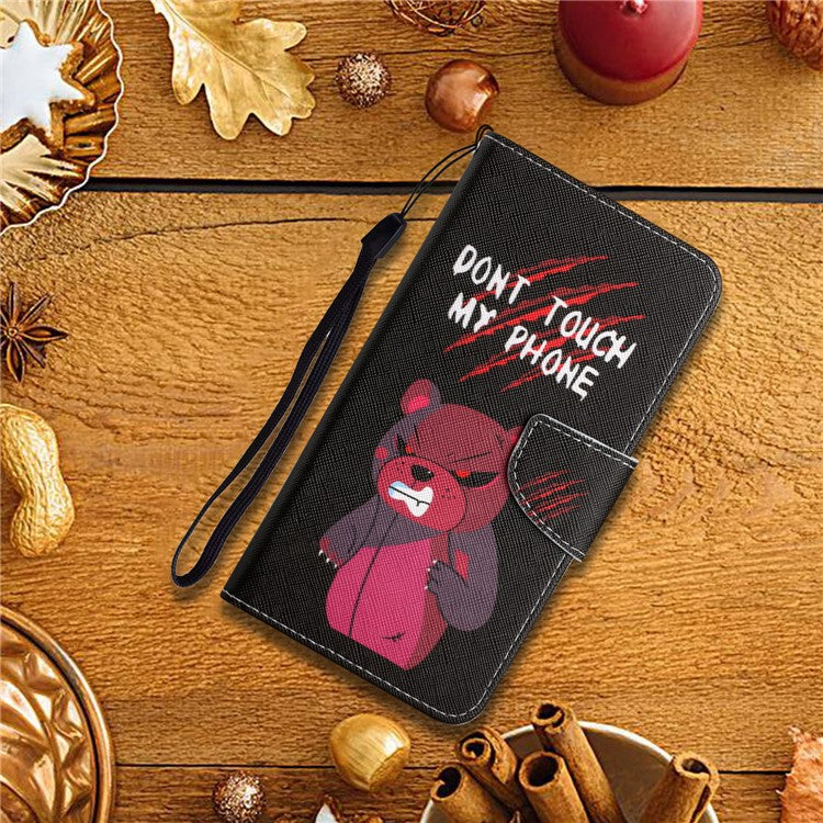 Cross Texture Pattern Printing Phone Case Stand Wallet Shockproof Leather Cover with Wrist Strap for Realme C21 - Red Bear