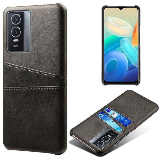 Anti-drop PU Leather Coated Hard PC Phone Case Shell with Double Card Slots for vivo Y76 5G/Y76s - Black