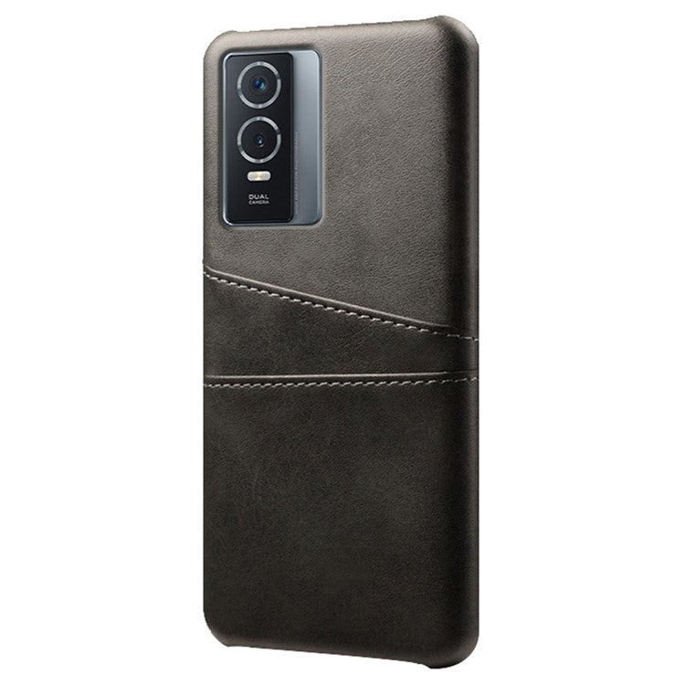 Anti-drop PU Leather Coated Hard PC Phone Case Shell with Double Card Slots for vivo Y76 5G/Y76s - Black