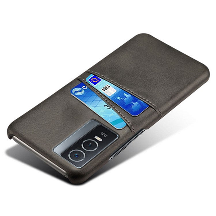 Anti-drop PU Leather Coated Hard PC Phone Case Shell with Double Card Slots for vivo Y76 5G/Y76s - Black