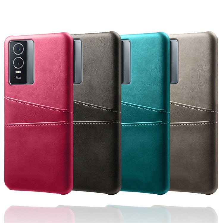 Anti-drop PU Leather Coated Hard PC Phone Case Shell with Double Card Slots for vivo Y76 5G/Y76s - Black